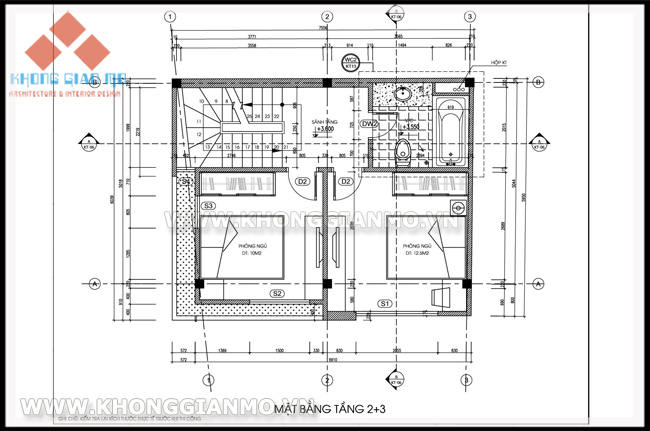 Bố trí mặt bằng kiến trúc tầng 2,3